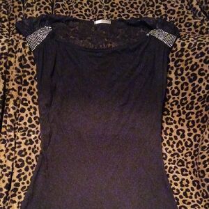 Black Sleeveless Top With Lace Back And Rhinestones On Shoulders Size Medium